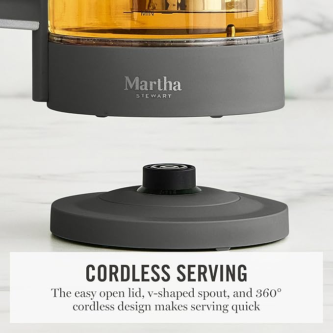 Martha Stewart  Electric  Kettle with Removable Stainless Steel Tea Infuser, Glass Carafe 1.7L (7 Cups), Hot Water Boiler, 4 Presets, Keep Warm & Auto Shut-Off, Cordless 360° Swivel Base, Caviar Gray