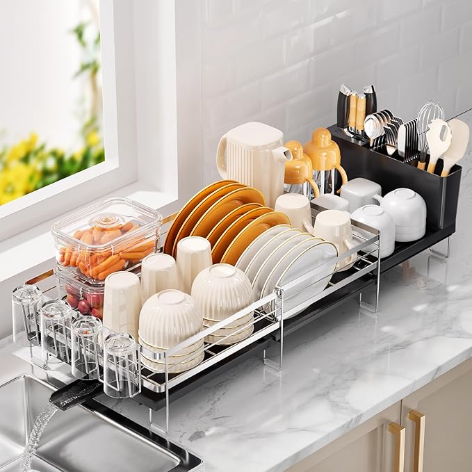Delamu Stainless Steel Dish Drying Rack, Expandable Dish Drainer, Anti-Rust Large Dish Racks for Kitchen Counter, Dish Strainers with Drainboard, Utensil Holder & Cup Holder, 13.4"-28.7" L x 11.8" W