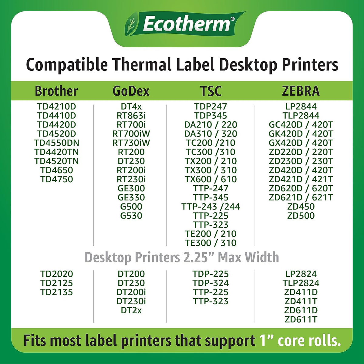 1" x .5" Thermal Labels | 4 Rolls | 9800 Labels | fits Zebra, Godex, Arkscan, iDPRT, Offnova Thermal Label Printers and More | Blank White Adhesive Stickers by Ecotherm