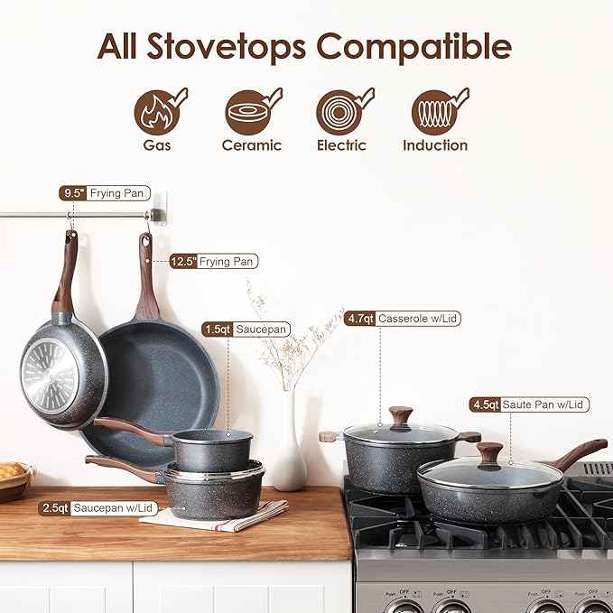 SENSARTE Nonstick Cookware Set 16-Piece, Healthy Pots and Pans Set, Non-stick Kitchen Cooking Set with Stay-Cool Handles, Silicone Utensils and Pot Protectors, PFOA Free