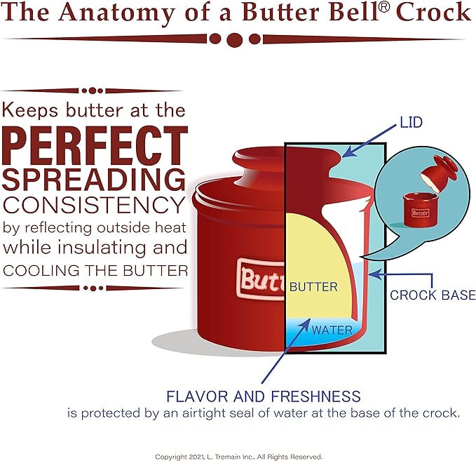 Butter Bell - The Original Butter Bell crock by L Tremain, a Countertop French Ceramic Butter Dish Keeper with Lid for Spreadable Butter, Farmhouse Collection, Honey Bees + Cow Pattern
