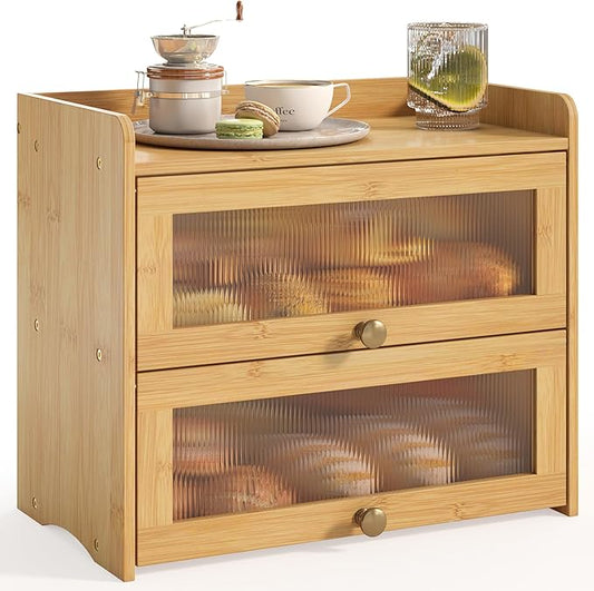 JANSNIMEN Large Bread Box for Kitchen Countertop Wooden Double Layer Breadbox Organizer with Window Vintage Farmhouse Bread Storage Container for Homemade Bread (Natural Bamboo)