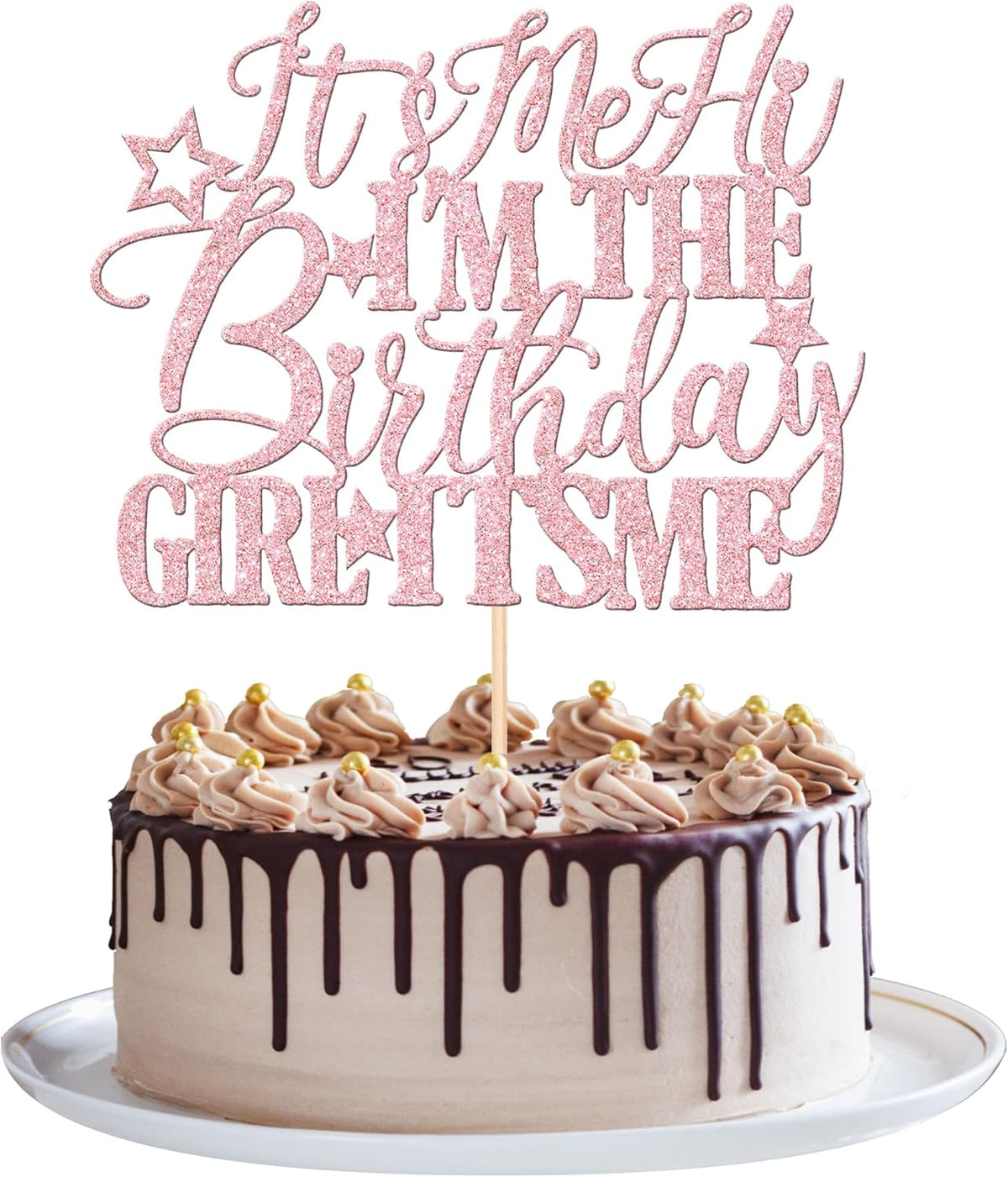1 PCS It's Me Hi I'm the Birthday Girl It's Me Cake Topper Glitter Funny Girls Birthday Cake Pick for Hot Pop Music Singer Birthday Party Cake Decorations Supplies Light Pink