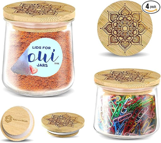 Mandala Bamboo Oui Yogurt Jar Lids – 4 Pack | Reusable Bamboo Tops for Yoplait Oui Glass Jars | Airtight Oui Yogurt Jar Covers with Silicone Seal | Replacement Lids for Oui Yogurt Storage Containers