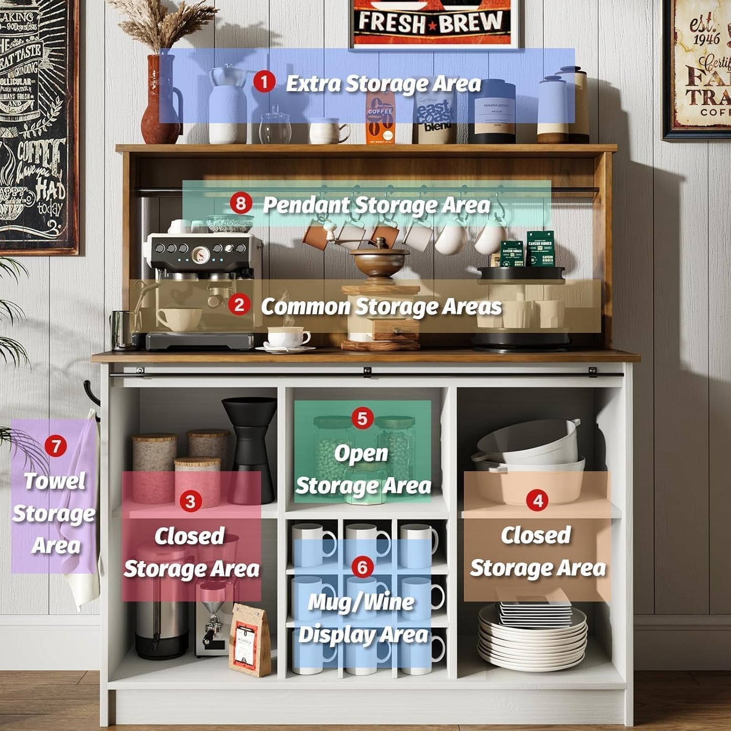 4ever2buy Farmhouse Coffee Bar Cabinet with Hutch, 47 Inch Buffet Cabinet with Storage, White Wine Bar with 9 Wine Racks and 6 Hooks, Coffee Bar Table with Adjustable Shelves for Living Dining Room
