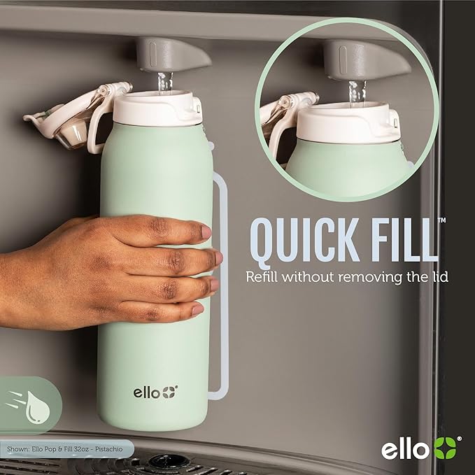 Ello Pop & Fill 40oz Stainless Steel Water Bottle with Quick Fill Technology, Double Walled and Vacuum Insulated Metal, Leak Proof Locking Lid, Sip and Chug, Reusable, BPA Free, Rosy Skyline