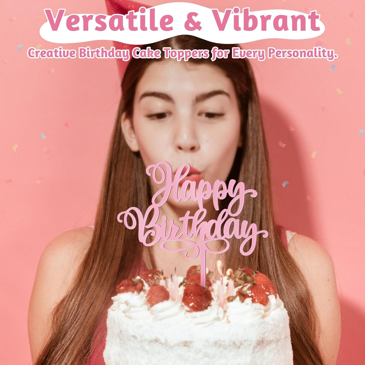 1 PCS Happy Birthday Cake Topper, 5.1 x 6.5 Inches Acrylic Cake Topper, Elegant Pink Happy Birthday Cake Sign, Birthday Cake Decorations for Adult, Kids, DIY Dessert Supplies