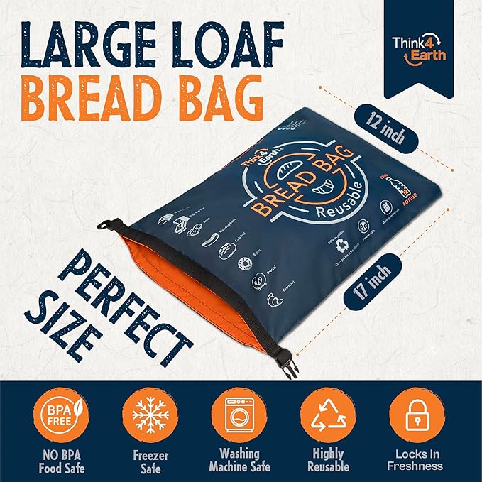 THINK4EARTH® Premium Blue Reusable Bread Bags for Homemade Bread – Durable & Washable(2 Pack)