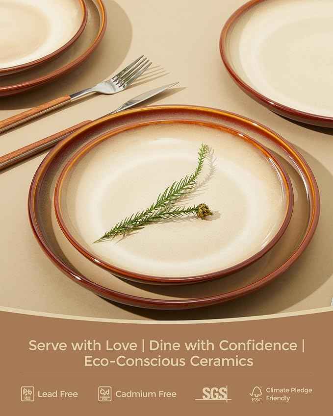 24 Piece Dinnerware Sets for 8, Modern Stoneware Plates and Bowls Sets, Perfect for Family Gatherings & Holiday Celebrations, Easy Cleaning Dish Set, Stack Compactly Dinner Set, Brown Yellow