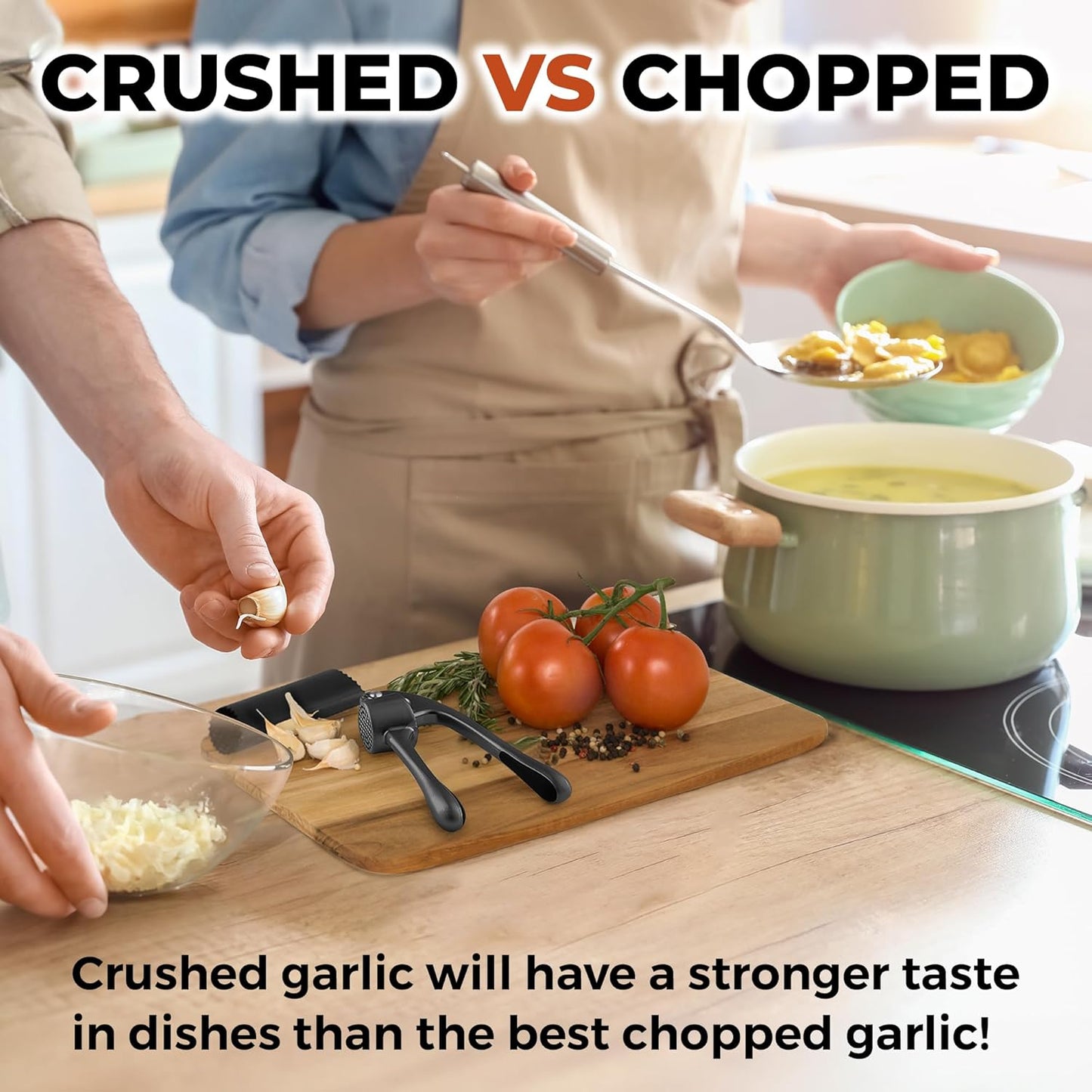 Zulay Kitchen Large Premium Garlic Press Set - Bigger Bowl for Bigger Garlic - Rust Proof & Dishwasher Safe Garlic Mincer Tool - Easy-Squeeze, Easy-Clean Silicone Garlic Peeler & Brush (Dark Gray)