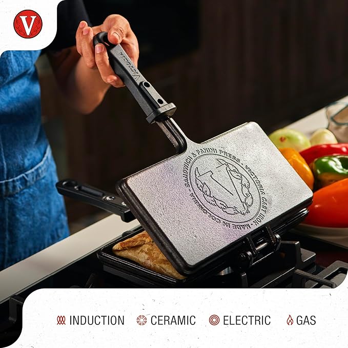 Victoria Cast Iron Panini Maker, Preseasoned Cast Iron Sandwich Maker and Pie Iron with Heat-Resistant Handle, Made in Colombia