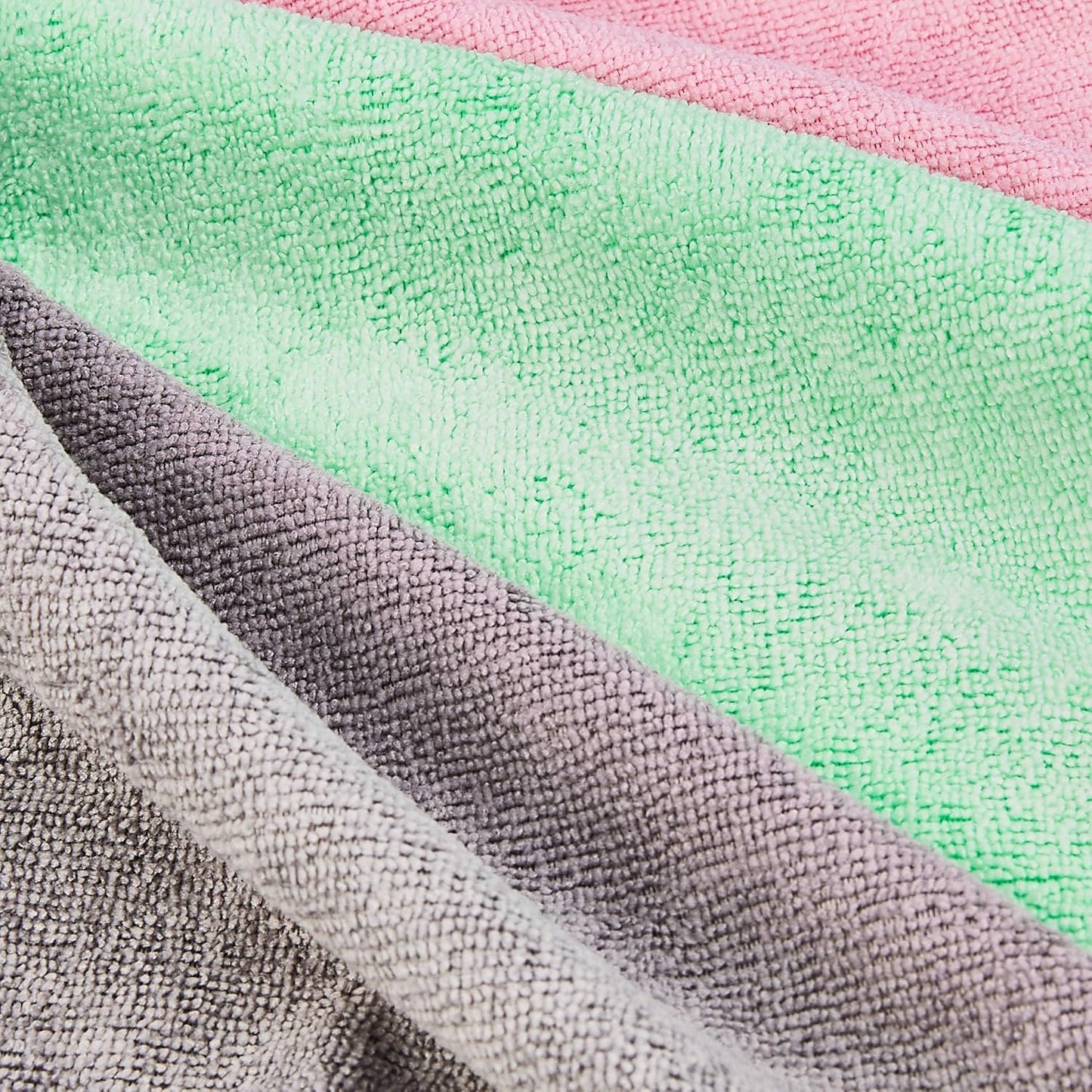 Amazon Basics Microfiber Cleaning Cloths, Ultra Soft and Absorbent, Free from Streaks/Lint/Scratch for Cars, 16" x 12", Green/Gray/Pink, 24-Pack