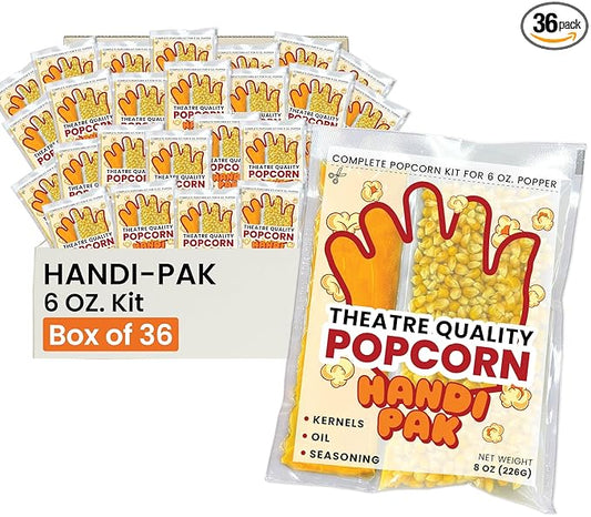 Handi-Pak Gourmet Popcorn Kit, 36 Pre-Portioned Packs for 6 oz Poppers, Movie Theater Style, Butter Coconut Oil, Popcorn Packet with Kernels & Seasoning