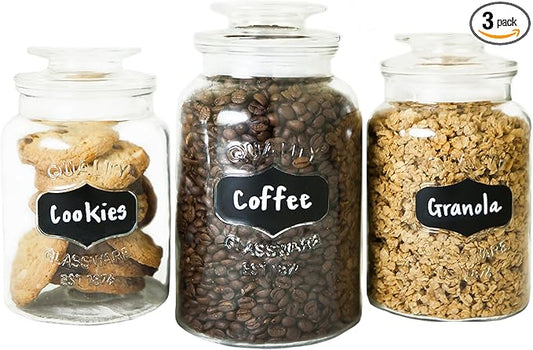 Kitchen Round Clear Glass Airtight Lids Chalkboard Canister Jar (Set of 3) with 3 Stick on Labels and Chalk Small